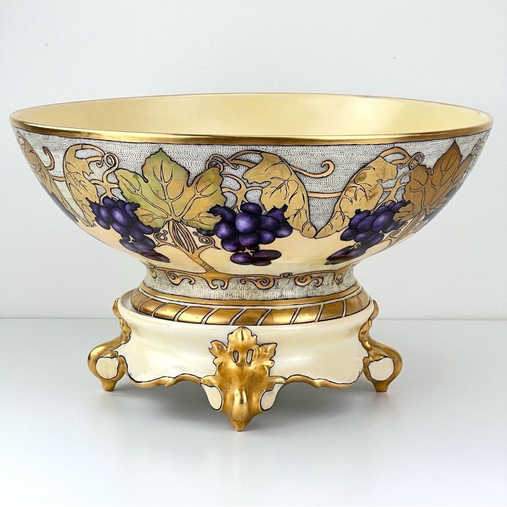 Signed AntiqueT&V Limoges France Depose Large Hand Painted Punch Bowl w/Grapes
